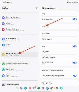 Labs settings on the Galaxy Z Fold 6